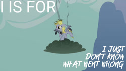Size: 1280x720 | Tagged: safe, edit, edited screencap, editor:quoterific, screencap, derpy hooves, pegasus, pony, g4, season 2, the last roundup, alphabet, cloud, female, i just don't know what went wrong, mare, slapstick, solo, storm
