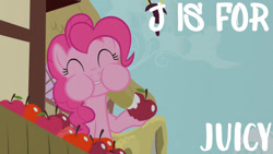 Size: 1280x720 | Tagged: safe, edit, edited screencap, editor:quoterific, screencap, pinkie pie, earth pony, pony, g4, green isn't your color, ^^, alphabet, apple, chewing, cute, diapinkes, eating, eyes closed, female, food, herbivore, mare, puffy cheeks, solo