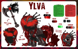 Size: 1200x751 | Tagged: safe, artist:jennieoo, oc, oc only, oc:goddess ylva, earth pony, pony, armor, axe, braid, braided tail, corrupted, evil, fangs, female, reference sheet, show accurate, solo, tail, weapon
