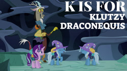 Size: 1280x720 | Tagged: safe, edit, edited screencap, editor:quoterific, screencap, discord, starlight glimmer, thorax, trixie, changeling, draconequus, pony, unicorn, g4, to where and back again, alphabet, cape, clothes, cute, diatrixes, disguise, disguised changeling, duo, duo female, duo male, female, hat, male, mare, trixie's cape, trixie's hat