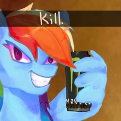 Size: 1080x1080 | Tagged: safe, artist:datspinachpie, rainbow dash, pegasus, pony, g4, devious smile, drink, evil smile, faic, female, franzj, grin, jerma985, mare, meme, monster energy, ponified meme, smiling, snapchat, solo, text, wing hold, wings