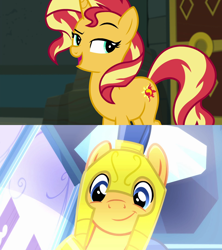 Size: 1920x2160 | Tagged: safe, edit, edited screencap, screencap, flash sentry, sunset shimmer, pegasus, pony, unicorn, equestria girls, equestria girls specials, g4, my little pony equestria girls, my little pony equestria girls: better together, my little pony equestria girls: forgotten friendship, armor, female, male, royal guard armor, ship:flashimmer, shipping, shipping domino, smiling, straight