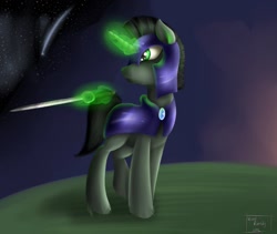 Size: 1213x1024 | Tagged: safe, artist:velvet-remedy2002, derpibooru exclusive, oc, oc only, oc:braunly, pony, unicorn, cape, clothes, glowing, glowing horn, horn, magic, solo, sword, telekinesis, weapon