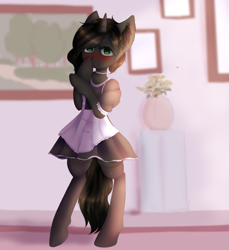 Size: 991x1080 | Tagged: safe, artist:kizzki, oc, oc only, oc:braunly, unicorn, semi-anthro, arm hooves, bipedal, clothes, commission, maid, rule 63, solo, ych result