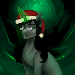 Size: 1500x1500 | Tagged: safe, artist:zloba, derpibooru exclusive, part of a set, oc, oc only, oc:braunly, pony, unicorn, christmas, glasses, glowing, glowing horn, hat, holiday, horn, looking at you, magic, santa hat