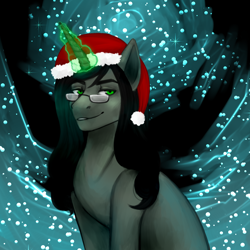 Size: 1500x1500 | Tagged: safe, artist:zloba, derpibooru exclusive, part of a set, oc, oc only, oc:braunly, pony, unicorn, christmas, glasses, glowing, glowing horn, hat, holiday, horn, looking at you, magic, santa hat, snow, snowfall