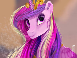 Size: 1024x768 | Tagged: safe, artist:aelwyng, princess cadance, alicorn, pony, canterlot wedding 10th anniversary, g4, beautiful, crown, female, gradient background, jewelry, mare, regalia, simple background, smiling, watermark