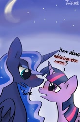 Size: 1200x1824 | Tagged: safe, artist:twiliset, princess luna, twilight sparkle, alicorn, pony, g4, blushing, chest fluff, duo, ear fluff, female, lesbian, looking at each other, looking at someone, moon, ship:twiluna, shipping, sky, stars, twilight sparkle (alicorn)