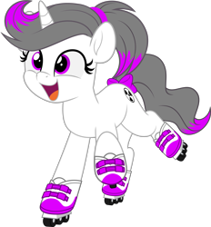 Size: 4636x5000 | Tagged: safe, artist:jhayarr23, oc, oc only, oc:hazel radiate, pony, unicorn, absurd resolution, bow, clothes, commission, commissioner:biohazard, cute, eyelashes, female, full body, happy, highlights, horn, mare, open mouth, open smile, ponytail, purple eyes, raised hoof, raised leg, roller skates, shoes, show accurate, simple background, smiling, solo, tail, tail bow, transparent background, unicorn oc, ych result