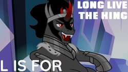 Size: 1280x720 | Tagged: safe, edit, edited screencap, editor:quoterific, screencap, king sombra, pony, g4, season 9, the beginning of the end, alphabet, antagonist, evil, evil smile, grin, long live the king, male, smiling, solo, talking