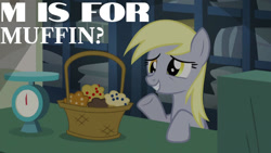 Size: 1280x720 | Tagged: safe, edit, edited screencap, editor:quoterific, screencap, derpy hooves, pegasus, pony, g4, season 5, slice of life (episode), alphabet, basket, female, food, mare, muffin, post office, raised hoof, smiling, solo, that pony sure does love muffins