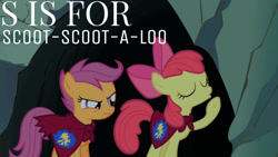 Size: 1280x720 | Tagged: safe, edit, edited screencap, editor:quoterific, screencap, apple bloom, scootaloo, earth pony, pegasus, pony, g4, season 1, stare master, alphabet, angry, cape, clothes, cmc cape, duo, duo female, female, filly, foal, scootaloo is not amused, unamused