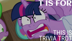Size: 1280x720 | Tagged: safe, edit, edited screencap, editor:quoterific, screencap, spike, twilight sparkle, alicorn, dragon, pony, a trivial pursuit, g4, season 9, alphabet, angry, duo, female, male, mare, open mouth, ragelight sparkle, shrunken pupils, solo focus, this is trivia trot, trivia trot, twilight sparkle (alicorn), winged spike, wings, yelling