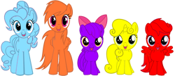 Size: 1610x698 | Tagged: safe, oc, oc:bluey pie, oc:orangebow dash, oc:purple bloom, oc:redaloo, oc:yellow belle, earth pony, pegasus, pony, unicorn, g4, adorabloom, blue, colors, cute, cutealoo, cutie mark crusaders, dashabetes, diapinkes, diasweetes, female, filly, foal, hugpony poses, mare, orange (color), purple, red, simple background, transparent background, yellow, спрауты