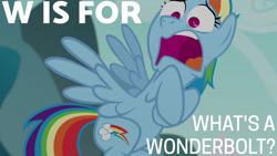 Size: 1280x720 | Tagged: safe, edit, edited screencap, editor:quoterific, screencap, rainbow dash, pegasus, pony, g4, no second prances, season 6, alphabet, female, flying, implied starlight glimmer, mare, open mouth, solo