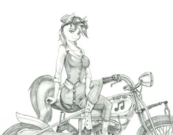 Size: 1500x1167 | Tagged: safe, artist:baron engel, dj pon-3, vinyl scratch, unicorn, anthro, unguligrade anthro, g4, breasts, busty vinyl scratch, clothes, grayscale, looking at you, monochrome, motorcycle, pencil drawing, solo, traditional art