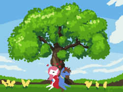 Size: 768x576 | Tagged: safe, artist:bitassembly, oc, oc only, oc:bizarre song, oc:sugar morning, pegasus, pony, female, heart, male, oc x oc, pixel art, shipping, straight, sugarre, tree