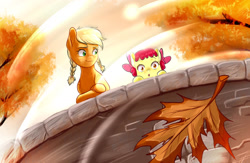 Size: 1280x837 | Tagged: safe, artist:gloomydinosaur, apple bloom, applejack, earth pony, pony, g4, :o, alternate hairstyle, autumn, bow, braided pigtails, bridge, duo, female, filly, foal, hair bow, leaf, open mouth, reflection, siblings, sisters, tree, younger