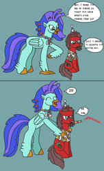 Size: 1776x2918 | Tagged: safe, artist:supahdonarudo, oc, oc only, oc:ironyoshi, oc:sea lilly, classical hippogriff, hippogriff, pony, unicorn, 2 panel comic, birthday, camera, clothes, comic, dialogue, hands on shoulder, hat, jewelry, necklace, new student starfish, noisemaker, party hat, reference, shirt, simple background, sitting, speech bubble, spongebob squarepants, text, unamused
