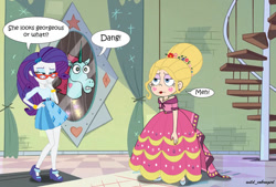 Size: 1023x692 | Tagged: safe, artist:wild_cobragirl, rarity, human, equestria girls, g4, clothes, clothes swap, crossover, dress, gala dress, gown, princess pony head, spiral stairs, star butterfly, star vs the forces of evil