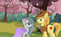 Size: 2064x1262 | Tagged: safe, artist:cartoonlover826, artist:matty4z, artist:sugar-loop, braeburn, marble pie, earth pony, pony, g4, 2022, boutonniere, braeble, cherry blossoms, cherry tree, clothes, courtship, dress, duo, female, flower, flower blossom, flower in hair, garden, looking at each other, looking at someone, lyrics in the description, male, mare, may, shania twain, shipping, smiling, smiling at each other, song reference, stallion, straight, tree, you've got a way, youtube link in the description