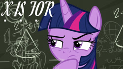 Size: 1280x720 | Tagged: safe, edit, edited screencap, editor:quoterific, screencap, twilight sparkle, alicorn, pony, g4, season 9, sparkle's seven, ..., alphabet, female, mare, math lady meme, meme origin, reference, solo, twilight sparkle (alicorn), x