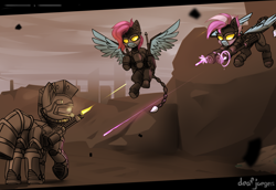 Size: 2160x1490 | Tagged: safe, artist:deafjaeger, oc, oc only, oc:morganette larimar, oc:skyline, earth pony, fly, insect, pegasus, pony, fallout equestria, armor, commission, enclave, enclave armor, fallout, fight, flying, gun, helmet, magical energy weapon, minigun, novasurge rifle, power armor, sky, spread wings, steel ranger, weapon, wings