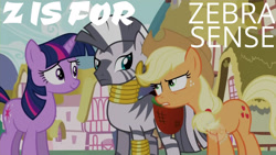 Size: 1280x720 | Tagged: safe, edit, edited screencap, editor:quoterific, screencap, applejack, twilight sparkle, zecora, earth pony, pony, unicorn, zebra, g4, my little pony: friendship is magic, season 2, the cutie pox, alphabet, female, male, mare, marvel, spider-man, talking, trio, trio female, trio male, unicorn twilight, zebra sense