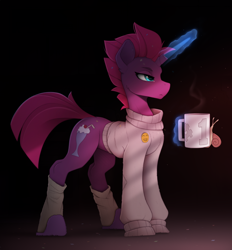Size: 2300x2474 | Tagged: safe, artist:yakovlev-vad, fizzlepop berrytwist, tempest shadow, pony, snail, unicorn, my little pony: the movie, bottomless, broken horn, clothes, female, glowing, glowing eyes, horn, magic, mare, mug, partial nudity, slippers, socks, solo, sweater, telekinesis