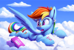 Size: 2000x1369 | Tagged: safe, artist:tsitra360, rainbow dash, oc, changeling, deer, deer pony, original species, pegasus, pony, g4, box, cloud, commission, lying down, lying on a cloud, micro, on a cloud, open mouth, prone, sitting, sitting on nose, size difference, sky, surprised, ych result