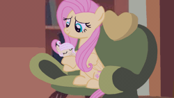 Size: 1920x1080 | Tagged: safe, artist:mlplary6, fluttershy, oc, oc:butterfly, hybrid, pegasus, pony, g4, animated, baby, female, filly, fluttermom, foal, gif, interspecies offspring, mare, offspring, parent:discord, parent:fluttershy, parents:discoshy, rocking, sleeping, smiling