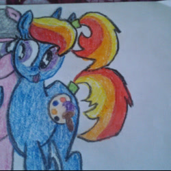 Size: 500x500 | Tagged: safe, oc, oc only, oc:artie brush, oc:sweet tune, earth pony, pony, unicorn, female, hug, mare, multicolored hair, paint, paintbrush, pencil drawing, ponytail, rainbow hair, tongue out, traditional art