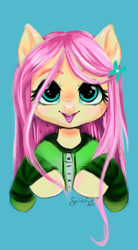 Size: 1311x2373 | Tagged: safe, artist:sprinklefest, fluttershy, pony, antonymph, cutiemarks (and the things that bind us), vylet pony, g4, bust, clothes, female, fluttgirshy, full face view, gir, hair accessory, hoodie, invader zim, looking at you, mare, open mouth, open smile, raised hooves, simple background, smiling, solo, stray strand, teal background