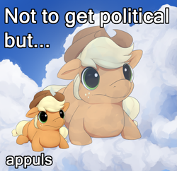 Size: 2041x1972 | Tagged: safe, artist:whiskeypanda, applejack, earth pony, pony, g4, adorawat, apple, appul, cloud, cloudy, cute, dilated pupils, drawthread, female, hat, mare, meme, ponified animal photo, ponified meme, request, requested art, text, that pony sure does love apples, wat
