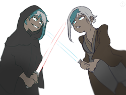 Size: 2048x1536 | Tagged: safe, artist:metaruscarlet, oc, oc only, oc:elizabat stormfeather, oc:elizabrat meanfeather, human, cape, clone, clothes, crossover, dark skin, duo, evil smile, female, fight, grin, hood, humanized, jedi, lightsaber, may the fourth be with you, pants, robe, shirt, simple background, sith, smiling, star wars, weapon, white background