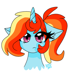 Size: 1080x1080 | Tagged: safe, artist:artiebrushiez, oc, oc only, oc:artie brush, pony, unicorn, bust, eye clipping through hair, eyelashes, female, floppy ears, frown, horn, mare, multicolored hair, ponytail, portrait, rainbow hair, signature, simple background, solo, unicorn oc, white background