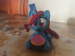 Size: 4032x3024 | Tagged: safe, artist:artiebrushiez, oc, oc only, oc:artie brush, pony, unicorn, 3d, clay, clay figure, cupcake, cute, food, irl, multicolored hair, ocbetes, photo, rainbow hair, smiling