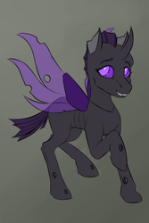 Size: 2000x3000 | Tagged: safe, artist:stardustspix, oc, oc:alcippe, changeling, equestria at war mod, fangs, female, gradient background, high res, purple changeling, smiling, solo