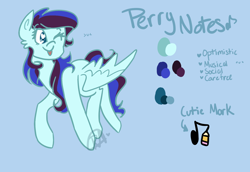 Size: 1600x1100 | Tagged: safe, artist:perrydoodles, oc, oc:perry notes, pegasus, pony, cutie mark, female, mare, music notes, one eye closed, pencil, reference sheet, text, tongue out, wings, wink