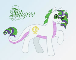 Size: 713x566 | Tagged: safe, artist:merrypaws, oc, oc only, oc:filigree, dracony, hybrid, ear fins, female, filly, foal, gradient background, interspecies offspring, offspring, parent:rarity, parent:spike, parents:sparity, raised hoof, smiling, solo