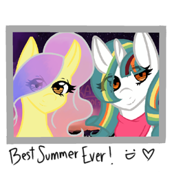 Size: 1080x1080 | Tagged: safe, artist:artiebrushiez, oc, oc only, oc:gradient, oc:linar, earth pony, pony, unicorn, clothes, heart, multicolored hair, picture frame, ponytail, rainbow hair, scarf, smiley face, smiling, summer, sunset