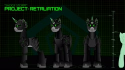 Size: 2667x1500 | Tagged: safe, artist:spy ghost, oc, oc only, pony, robot, robot pony, unicorn, dark background, glowing, glowing eyes, green background, height, no mane, no tail, reference sheet, simple background, size comparison, solo