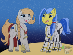 Size: 1600x1200 | Tagged: safe, artist:gray star, derpibooru exclusive, oc, oc only, oc:gray star, oc:shining valor, earth pony, pony, clone trooper, female, male, may the fourth be with you, muscles, muscular female, slave leia outfit