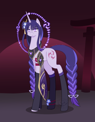Size: 1418x1807 | Tagged: safe, artist:traveleraoi, pony, unicorn, armor, bow, braid, braided tail, clothes, colored pupils, crossover, emotionless, eye clipping through hair, eyebrows, eyebrows visible through hair, female, flower, flower in hair, full body, genshin impact, glowing, glowing eyes, gradient mane, hair bow, hairpin, jewelry, mare, ponified, raiden shogun (genshin impact), regalia, signature, simple background, socks, solo, stockings, tail, thigh highs, unimpressed, video game crossover, watermark