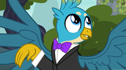 Size: 2333x1293 | Tagged: safe, edit, edited screencap, screencap, gallus, griffon, g4, school daze, bowtie, clothes, male, solo, suit, tuxedo