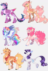 Size: 1280x1883 | Tagged: safe, artist:wanderingpegasus, applejack, fluttershy, pinkie pie, rainbow dash, rarity, twilight sparkle, alicorn, classical unicorn, earth pony, pegasus, pony, unicorn, ^^, alternate hairstyle, applejack's hat, bandana, blushing, body markings, chest fluff, cloven hooves, coat markings, colored hooves, colored pinnae, colored wings, cowboy hat, curved horn, cute, ear fluff, eyes closed, eyeshadow, facial markings, feathered ears, female, folded wings, freckles, grin, hat, heart mark, horn, leg fluff, leonine tail, long ears, long tail, looking at each other, looking at someone, looking back, makeup, mane six, mare, markings, multicolored wings, pale belly, rainbow wings, raised hoof, raised leg, red bandana, redesign, simple background, smiling, snip (coat marking), socks (coat markings), spread wings, star (coat marking), straw in mouth, tail, twilight sparkle (alicorn), unshorn fetlocks, wall of tags, white background, wings