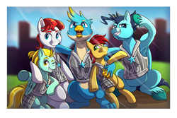 Size: 1800x1200 | Tagged: safe, artist:littletigressda, gallus, lightning dust, oc, griffon, pegasus, pony, g4, armor, armored pony, group hug, group photo, group shot, hug, pose, royal guard