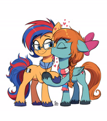 Size: 2684x3024 | Tagged: safe, artist:fanzeem, oc, oc only, earth pony, pegasus, pony, bow, braid, cheek kiss, clothes, colored hooves, glasses, hair bow, high res, kissing, scarf, simple background, striped scarf, white background
