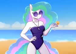Size: 3508x2480 | Tagged: safe, artist:jellysketch, princess celestia, anthro, g4, alcohol, beach, breasts, clothes, female, high res, martini, missing horn, ocean, one-piece swimsuit, princess luna's cutie mark, reasonably sized breasts, solo, stupid sexy celestia, sunglasses, swimsuit, water, wingless, wingless anthro