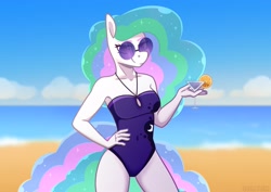 Size: 3508x2480 | Tagged: safe, artist:jellysketch, princess celestia, earth pony, anthro, g4, alcohol, beach, breasts, clothes, earth pony celestia, female, high res, martini, missing horn, ocean, one-piece swimsuit, princess luna's cutie mark, race swap, reasonably sized breasts, solo, stupid sexy celestia, sunglasses, swimsuit, water, wingless, wingless anthro